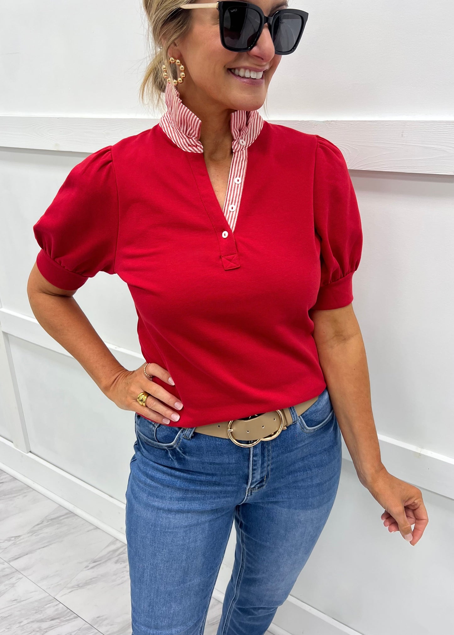 Blusa Roja con cuello Vichy