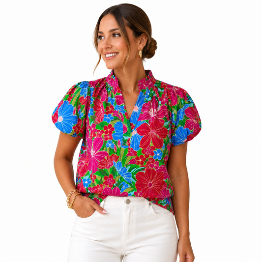 Emilia - Blusa Floral Fucsia y Azul
