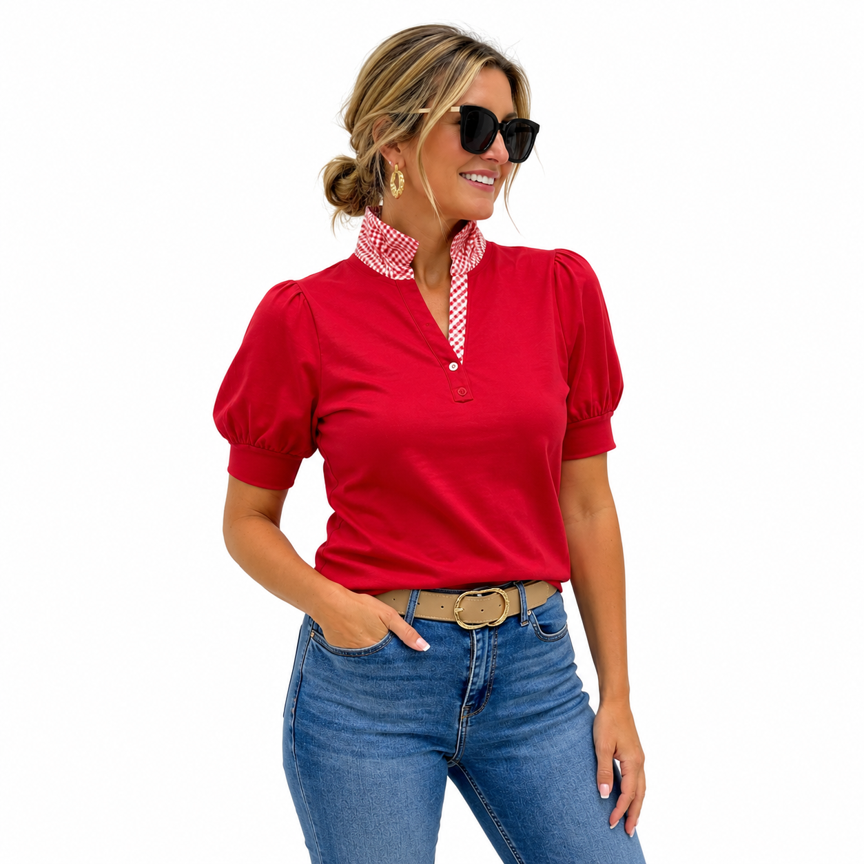 Blusa Roja con cuello Vichy