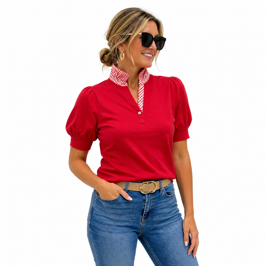 Blusa Roja con cuello Vichy